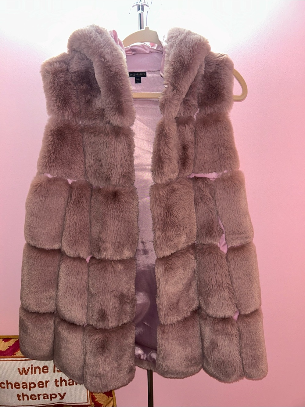 Coco + Carmen Dusty Pink Faux Fur Hooded Vest